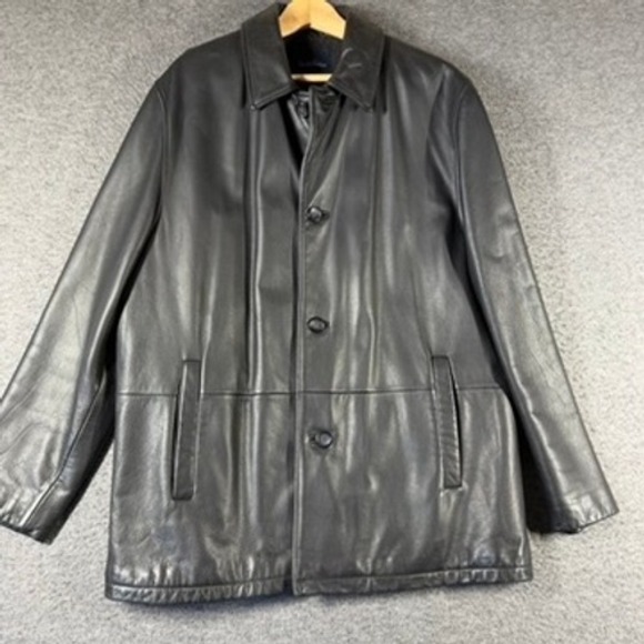 Brooks Brothers Mens Black Leather Car Coat Jacket Wool Blend Lining Large L